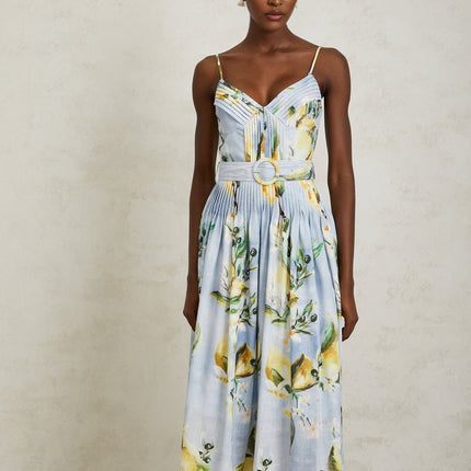 Riccarda Blue Floral Maxi Dress V-Neck Sleeveless Pleated Detailing Belted Loops Adjustable Straps Rear Zip Fastening Elegant