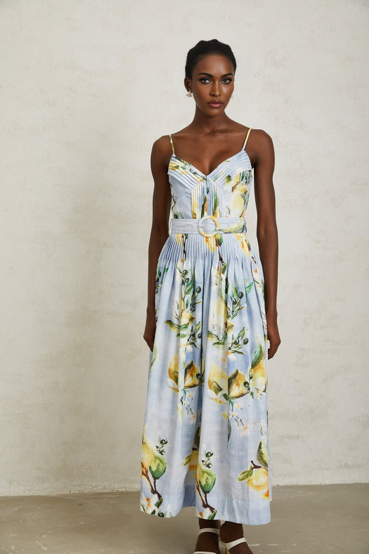 Riccarda Blue Floral Maxi Dress V-Neck Sleeveless Pleated Detailing Belted Loops Adjustable Straps Rear Zip Fastening Elegant