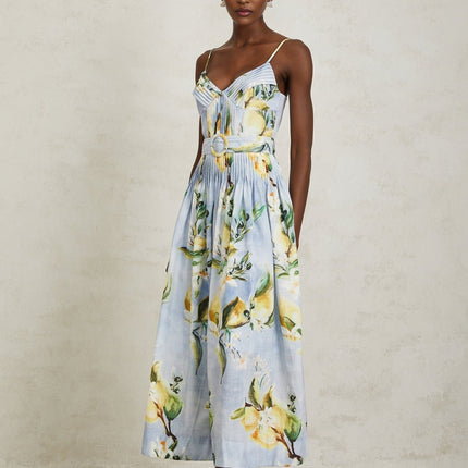 Riccarda Blue Floral Maxi Dress V-neck Sleeveless Adjustable Straps Pleated Detailing Belted Loops Captivating Print Rear Zip Fastening Maxi Length