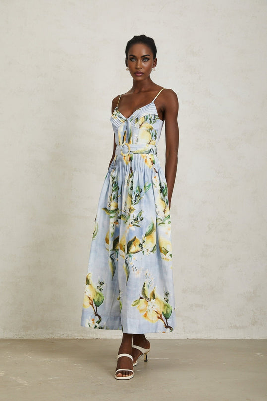 Riccarda Blue Floral Maxi Dress V-neck Sleeveless Adjustable Straps Pleated Detailing Belted Loops Captivating Print Rear Zip Fastening Maxi Length