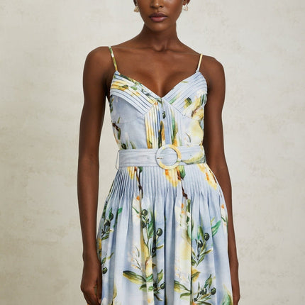 Riccarda Blue Floral Maxi Dress V-Neck Sleeveless Adjustable Straps Pleated Detailing Belted Loops Tailored Silhouette Floral Print Rear Zip Fastening Maxi Length Terylene Cotton Composition