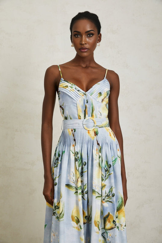 Riccarda Blue Floral Maxi Dress V-Neck Sleeveless Adjustable Straps Pleated Detailing Belted Loops Tailored Silhouette Floral Print Rear Zip Fastening Maxi Length Terylene Cotton Composition