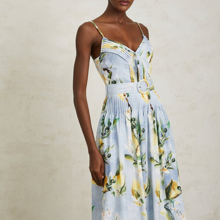 Riccarda Blue Floral Maxi Dress V-neck Sleeveless Pleated Belted Loops Rear Zip Fastening