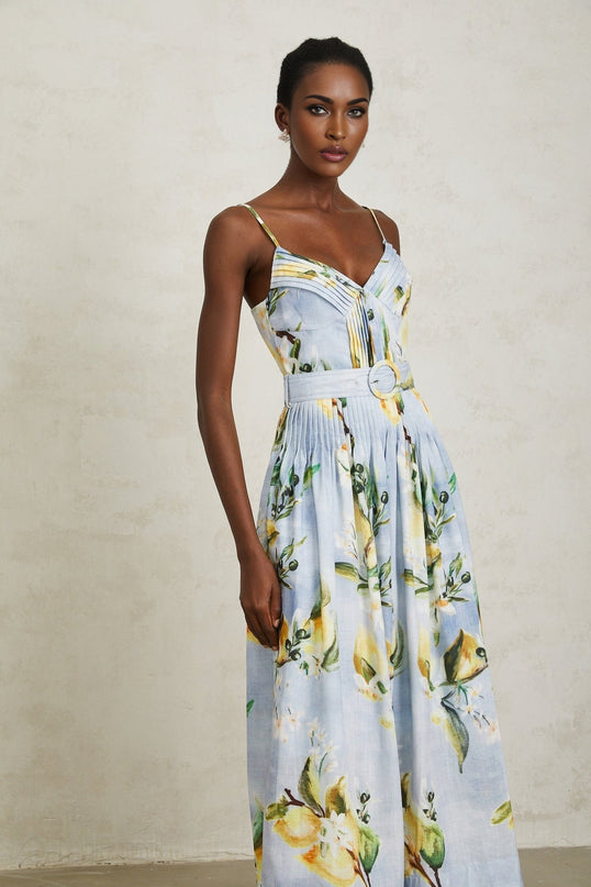 Riccarda Blue Floral Maxi Dress V-neck Sleeveless Pleated Belted Loops Rear Zip Fastening