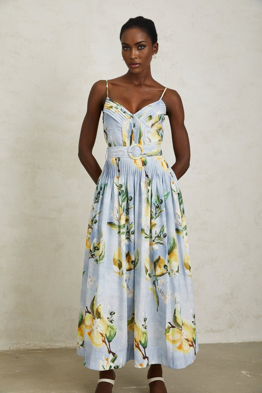 Riccarda Blue Floral Maxi Dress with V-Neck and Adjustable Straps