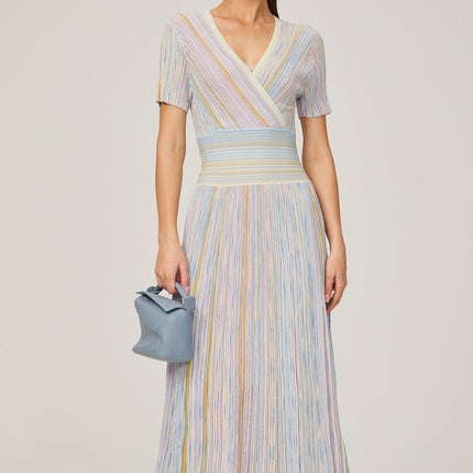 Riccarda Blue Multicolor Flared Midi Dress Metallic Threading V-Neck Pinstripe Pattern