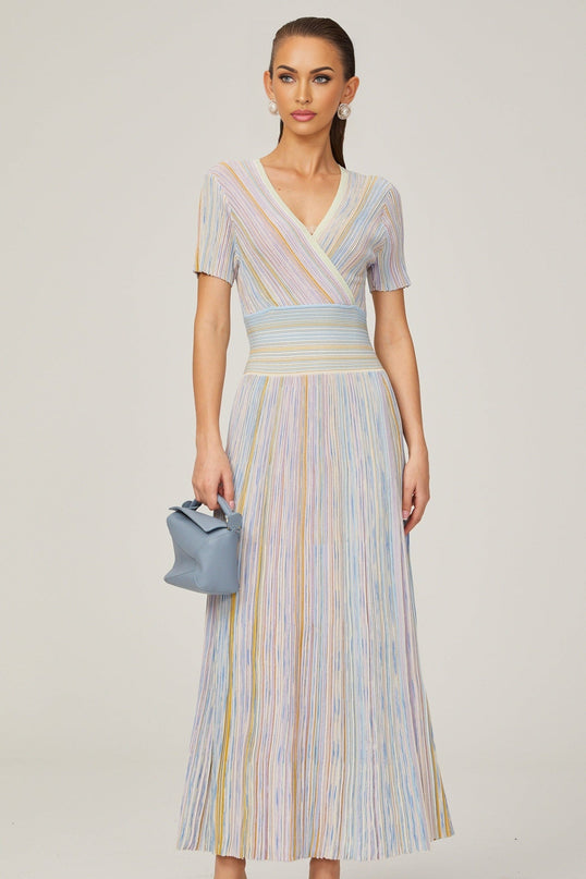 Riccarda Blue Multicolor Flared Midi Dress Metallic Threading V-Neck Pinstripe Pattern