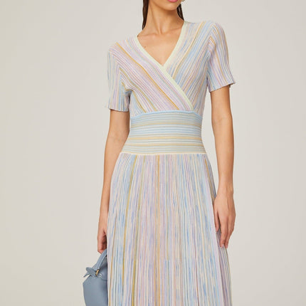 Riccarda Blue Multicolor Flared Midi Dress V-neck Metallic Pinstripe Pattern