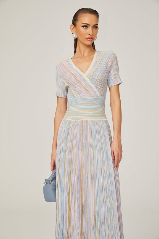 Riccarda Blue Multicolor Flared Midi Dress V-neck Metallic Pinstripe Pattern