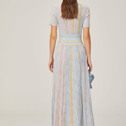 Riccarda Blue Multicolor Flared Midi Dress V-Neck Metallic Pinstripe Pattern