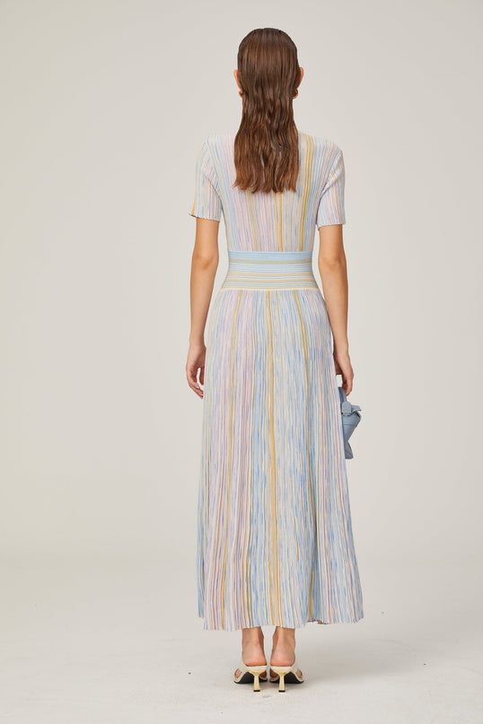 Riccarda Blue Multicolor Flared Midi Dress V-Neck Metallic Pinstripe Pattern