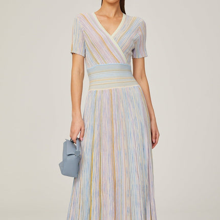 Riccarda Blue Multicolor Flared Midi Dress V-neck Metallic Threading Pinstripe Pattern Contrast Color Calf-length Silhouette