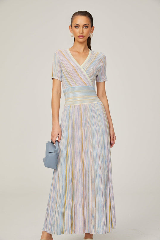 Riccarda Blue Multicolor Flared Midi Dress V-neck Metallic Threading Pinstripe Pattern Contrast Color Calf-length Silhouette