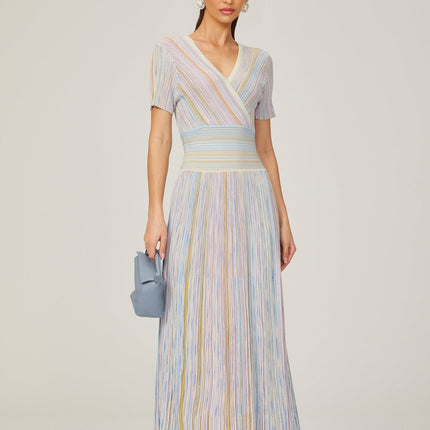 Riccarda Blue Multicolor Flared Skirt Midi Dress V-neck Metallic Pinstripe Pattern