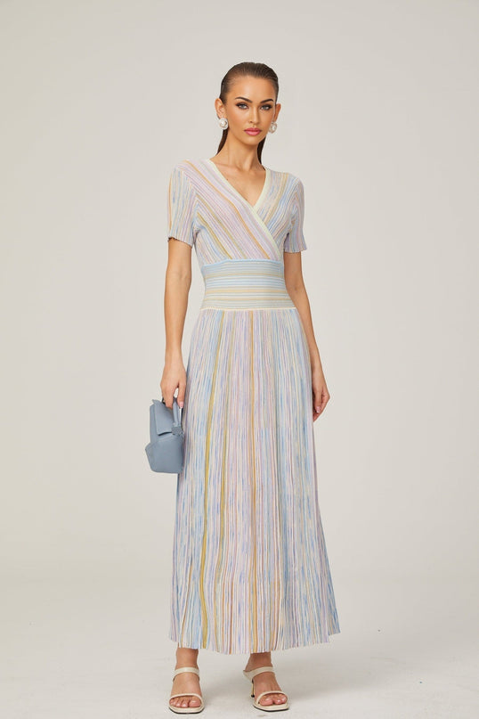 Riccarda Blue Multicolor Flared Skirt Midi Dress V-neck Metallic Pinstripe Pattern