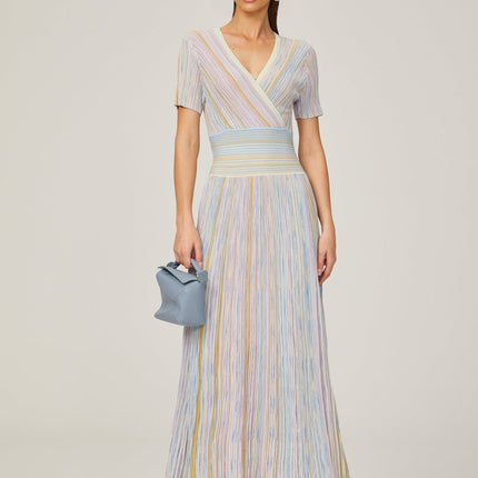 Riccarda Blue Multicolor Midi Dress Flared Skirt Metallic Threading V-neck Pinstripe Pattern