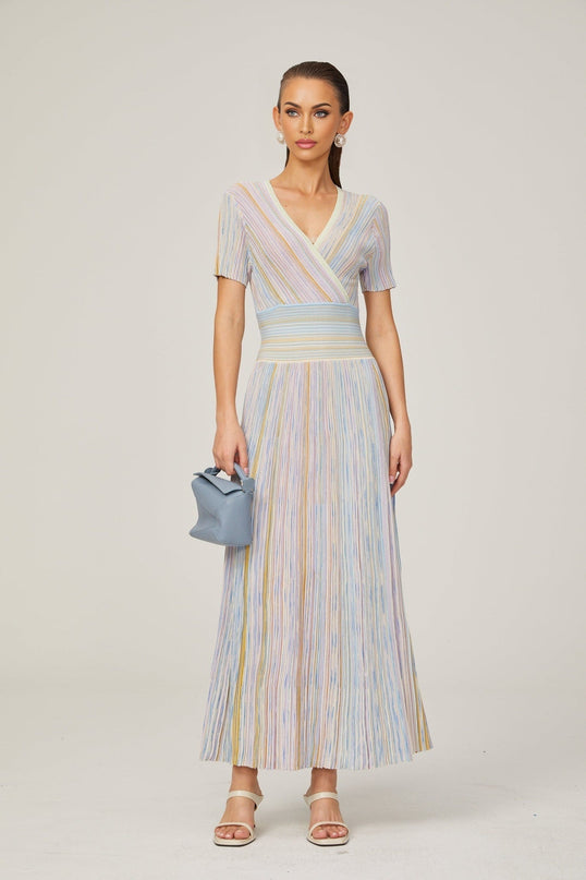Riccarda Blue Multicolor Midi Dress Flared Skirt Metallic Threading V-neck Pinstripe Pattern