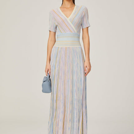 Riccarda Blue Multicolor Midi Dress Flared Skirt Metallic Threading V-neck Pinstripe Pattern