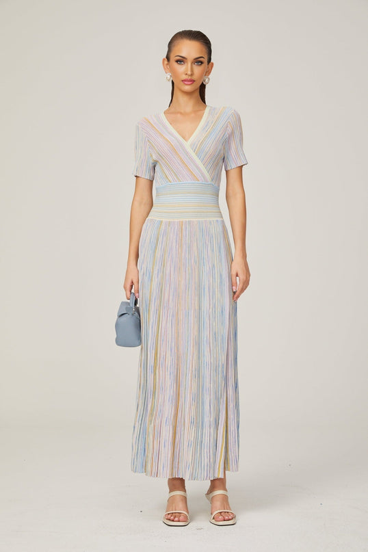 Riccarda Blue Multicolor Midi Dress Flared Skirt Metallic Threading V-neck Pinstripe Pattern