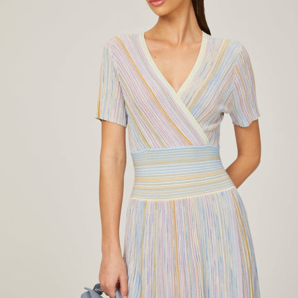 Riccarda Blue Multicolor Midi Dress Flared Skirt V-neck Metallic Threading Pinstripe Pattern Contrast Color Calf-length Silhouette