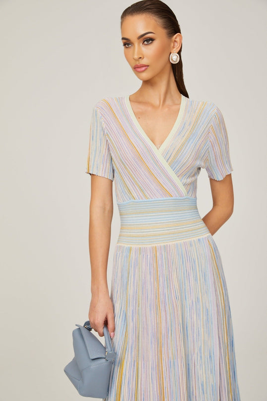 Riccarda Blue Multicolor Midi Dress Flared Skirt V-neck Metallic Threading Pinstripe Pattern Contrast Color Calf-length Silhouette