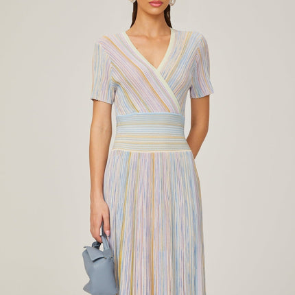 Riccarda Blue Multicolor Midi Dress Flared Skirt Metallic Threading V-Neck Pinstripe Pattern