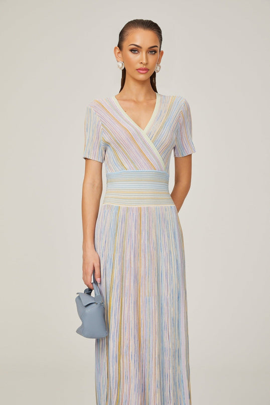 Riccarda Blue Multicolor Midi Dress Flared Skirt Metallic Threading V-Neck Pinstripe Pattern