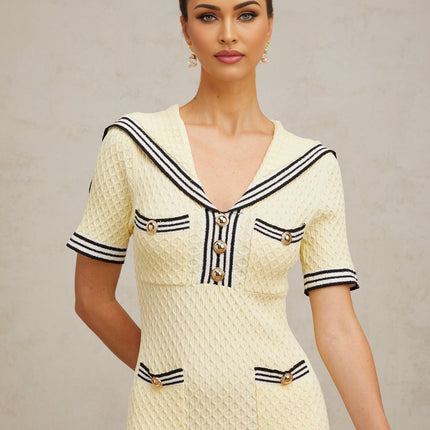 Riccarda Knitted Dress Sailor Collar Style Yellow Black Short Sleeve Cinched Waist Embossed Gold Tone Buttons Patch Pockets Flared Skirt Opulent Chic Practical Front Button Placket Terylene Fiber Luxury