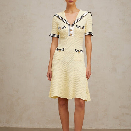 Riccarda Yellow and Black Sailor Collar Knitted Dress with Gold-Tone Buttons and Patch Pockets