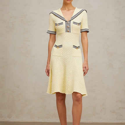 Riccarda Yellow and Black Sailor Collar Knitted Dress with Gold-tone Buttons and Patch Pockets