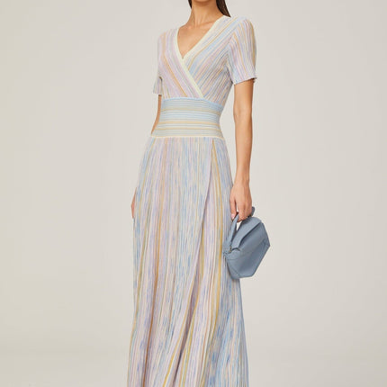 Riccarda Midi Dress in Blue Multicolor Flared Skirt Metallic Threading V-neck Pinstripe Pattern