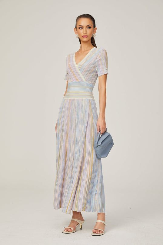 Riccarda Midi Dress in Blue Multicolor Flared Skirt Metallic Threading V-neck Pinstripe Pattern