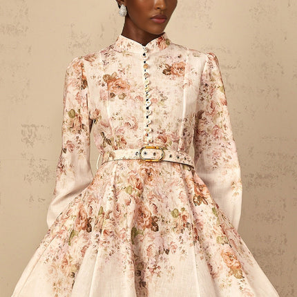 Riccarda Mini Dress Floral Print Belted Detail Neutrals Multicolor Almond Beige Terylene Fiber Elegant Sophisticated Crew Neck Elastic Cuffs Side Slit Pockets Front Button Fastening