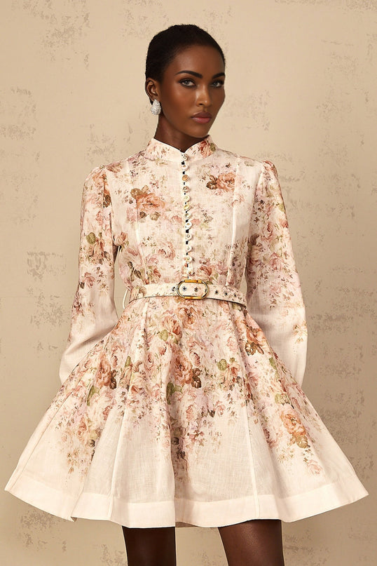 Riccarda Mini Dress Floral Print Belted Detail Neutrals Multicolor Almond Beige Terylene Fiber Elegant Sophisticated Crew Neck Elastic Cuffs Side Slit Pockets Front Button Fastening