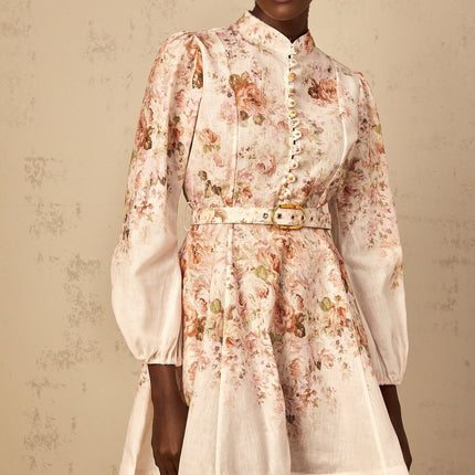 Riccarda Mini Dress Floral Print Belted Detail Neutrals
