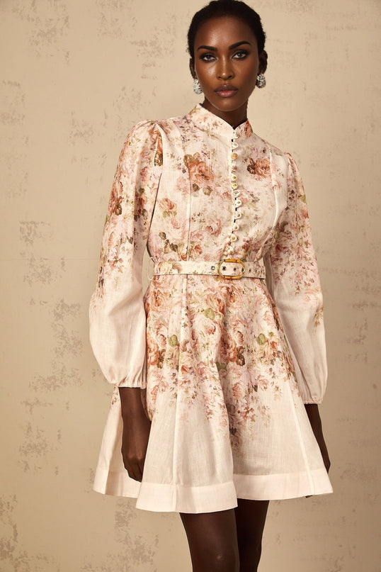 Riccarda Mini Dress Floral Print Belted Detail Neutrals