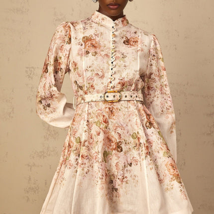 Riccarda Mini Dress Floral Print Belted Detail Neutrals