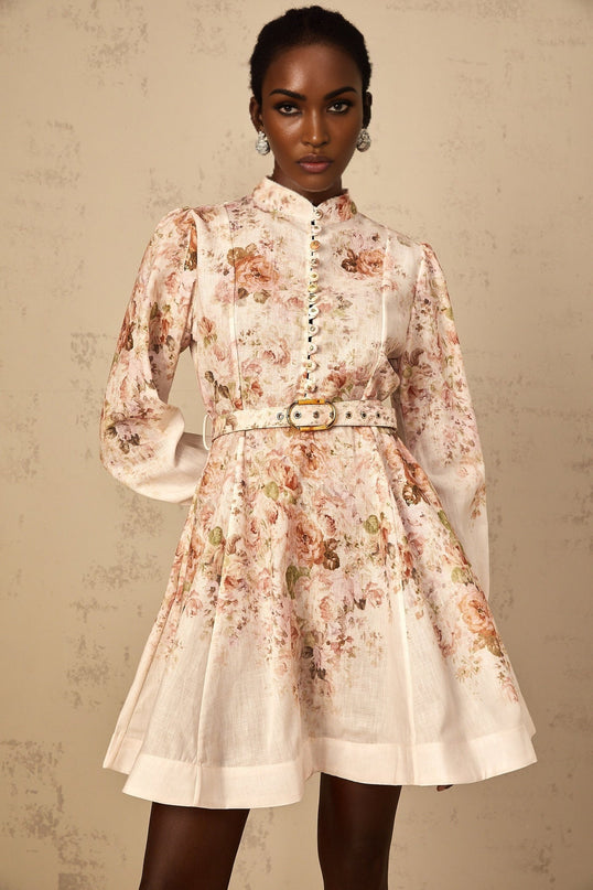 Riccarda Mini Dress Floral Print Belted Detail Neutrals