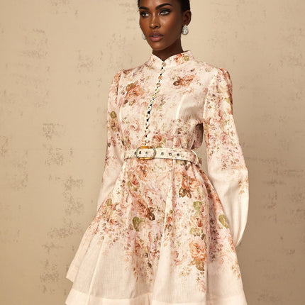 Riccarda Mini Dress Floral Print & Belted Detail in Neutrals