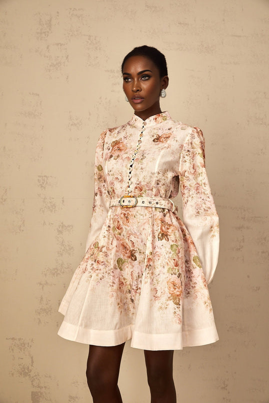 Riccarda Mini Dress Floral Print & Belted Detail in Neutrals
