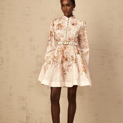 Riccarda Mini Dress Floral Print Belted Detail Neutrals