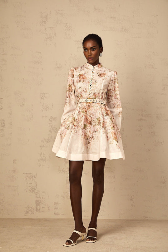 Riccarda Mini Dress Floral Print Belted Detail Neutrals