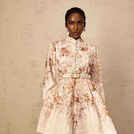 Riccarda Mini Dress Floral Print & Belted Detail Neutrals