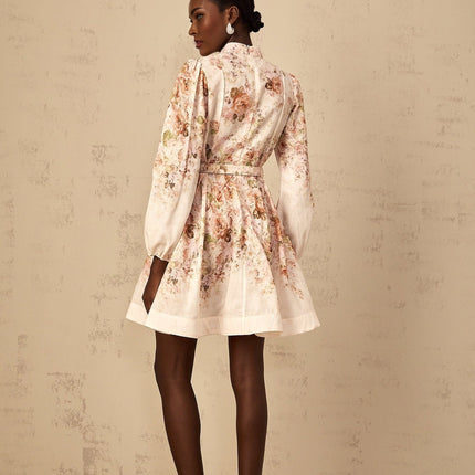 Riccarda Mini Dress Floral Print & Belted Detail in Neutrals