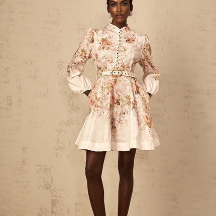 Riccarda Neutrals Mini Dress Floral Print Belted Detail Terylene Fiber