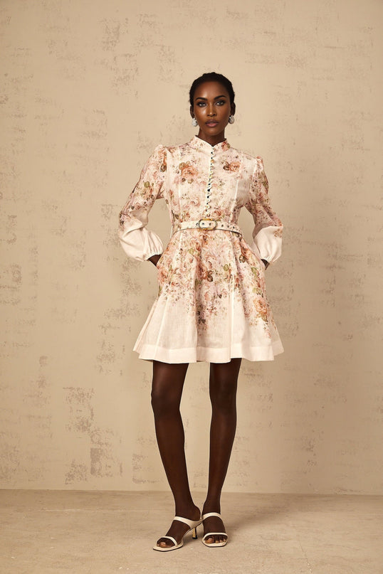 Riccarda Neutrals Mini Dress Floral Print Belted Detail Terylene Fiber