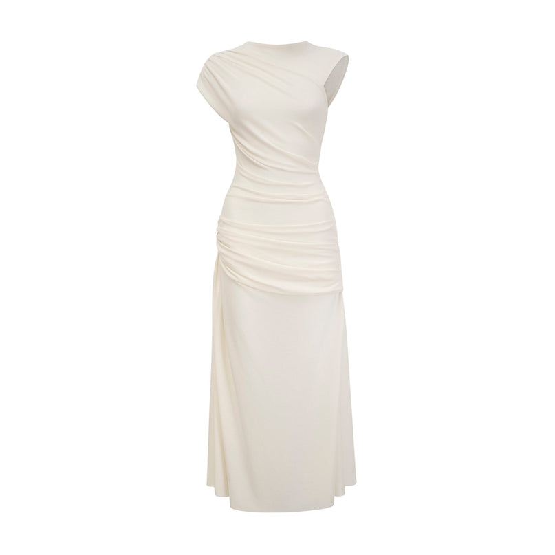 Riccarda White Draped Midi Dress with Ruched Detailing