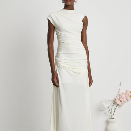 Riccarda White Midi Dress Double Jersey Knit Asymmetric Hem Ruched Detailing Rear Zip Fastening Lined Elegant Graceful Sophisticated Luxury Refinement Special Occasions Evenings Out Statement Piece Timeless Sophistication Terylene Fiber