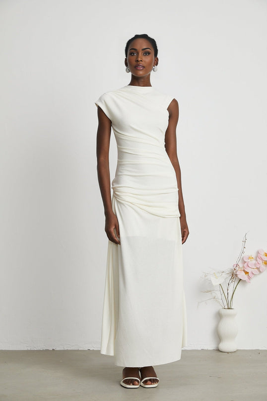 Riccarda White Midi Dress Double Jersey Knit Asymmetric Hem Ruched Detailing Rear Zip Fastening Lined Elegant Graceful Sophisticated Luxury Refinement Special Occasions Evenings Out Statement Piece Timeless Sophistication Terylene Fiber