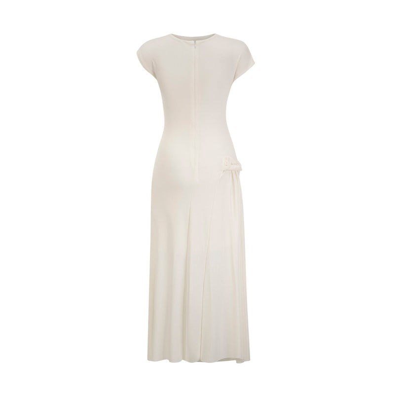 Riccarda White Midi Dress Double Jersey Knit Sleeveless Asymmetric Hem Ruched Detailing Rear Zip Fastening Lined Elegant Graceful Luxury Refinement Statement Piece Sophistication Terylene Fiber